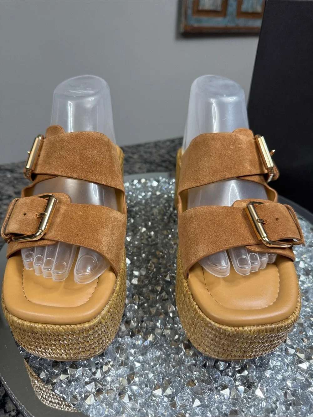 Marc Fisher Palery leather Suede Tan Platform Slide Sandals Buckles Woven sole